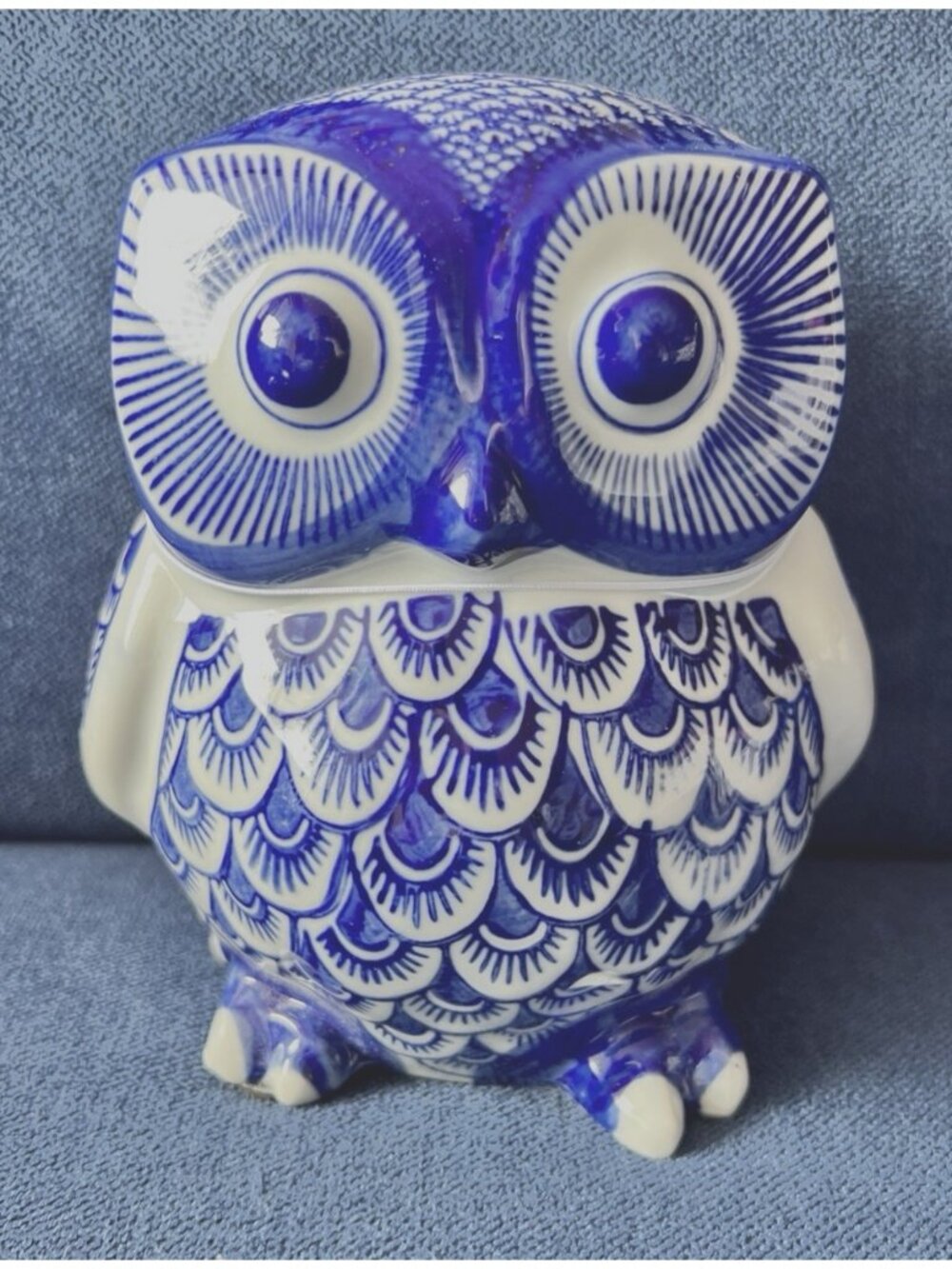 Chinoiserie OWL Blue & White Porcelain Hand Painted Ceramic Animal Bird Decor